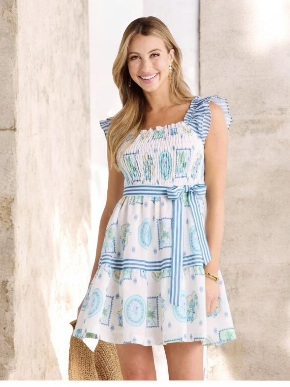 NWT ~ Avara Smocked Blue & White Printed Mini Dress with Tie Waist ~ Size Large